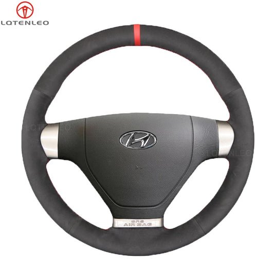 LQTENLEO Black Leather Suede Hand-stitched Car Steering Wheel Cover for Hyundai Coupe 2007-2010 / S-Coupe 2009