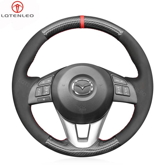 LQTENLEO Carbon Fiber Leather Suede Hand-stitched Car Steering Wheel Cover for Mazda 3 Axela / Mazda 6 Atenza / Mazda 2 / CX-3 / CX-5 / for Scion iA