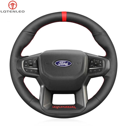 LQTENLEO Black Leather Suede Hand-stitched No-slip Car Steering Wheel Cover for Ford Ranger Raptor