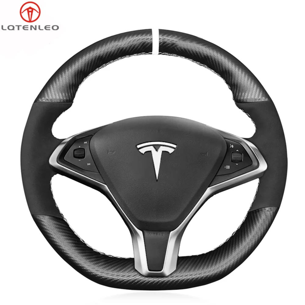 LQTENLEO Carbon Fiber Leather Suede Hand-stitched Car Steering Wheel Cover for Tesla Model S 2012-2021 / Model X 2016-2020