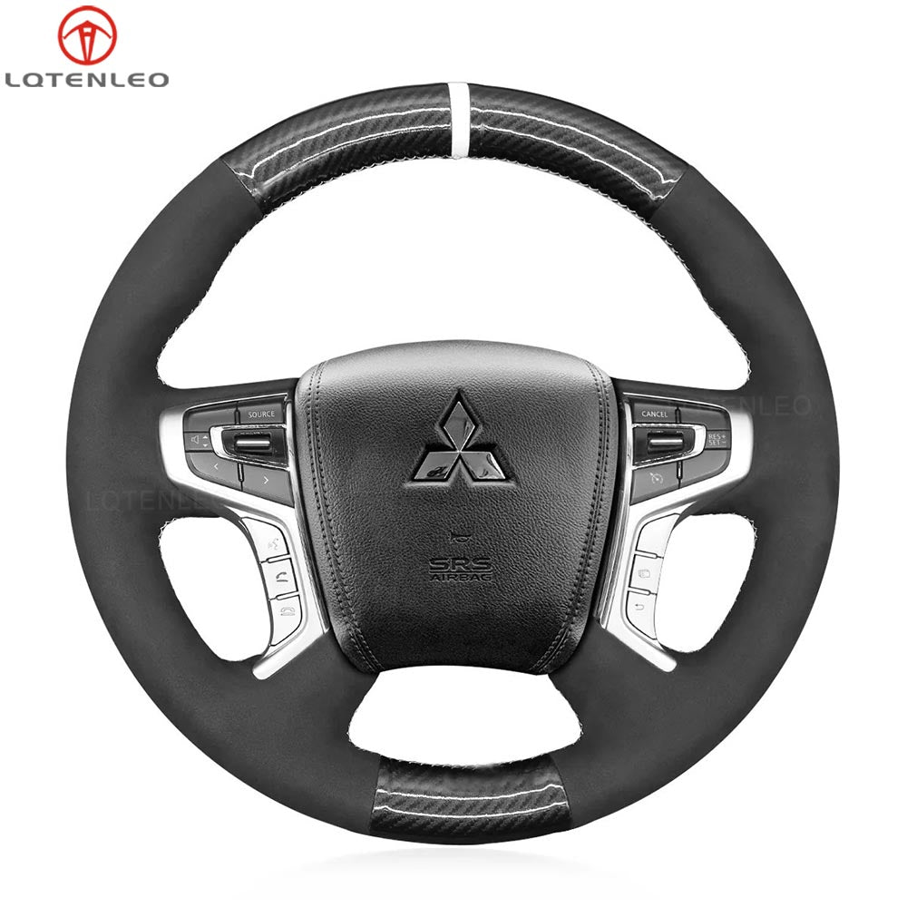 LQTENLEO Black Carbon Fiber Leather Suede Hand-stitched Car Steering Wheel Cover for Mitsubishi L200 2017-2022 / Outlander (PHEV) 2016-2021