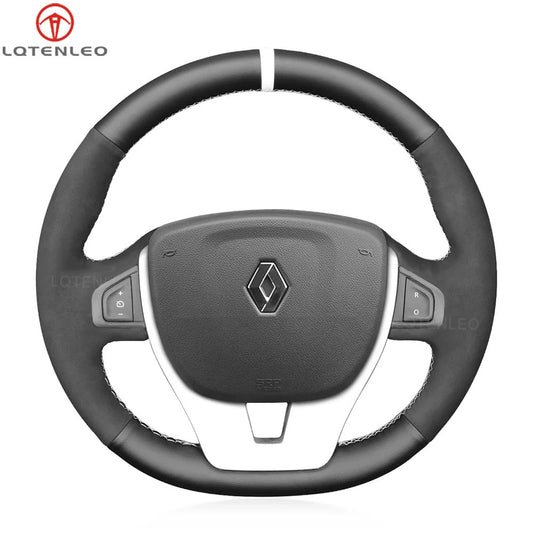 LQTENLEO Black Genuine Leather Suede Hand-stitched Car Steering Wheel Cover for Renault Laguna 3 2007-2015