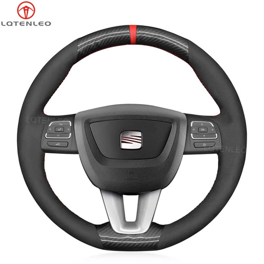 LQTENLEO Carbon Fiber Leather Suede Hand-stitched Car Steering Wheel Cove for Seat Leon Alhambra Toledo Altea