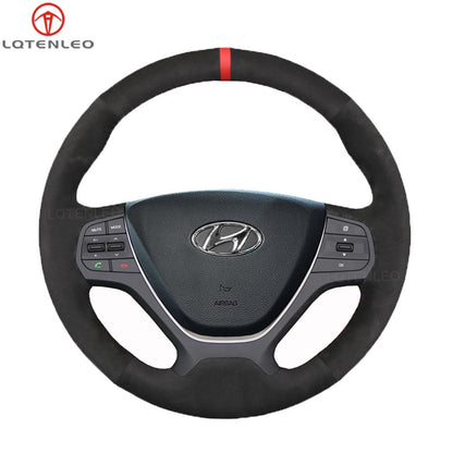 LQTENELO Carbon Fiber Leather Suede Hand-stitched No-slip Soft Car Steering Wheel Cover Braid For Hyundai i10 2013-2020 i20 2015-2020