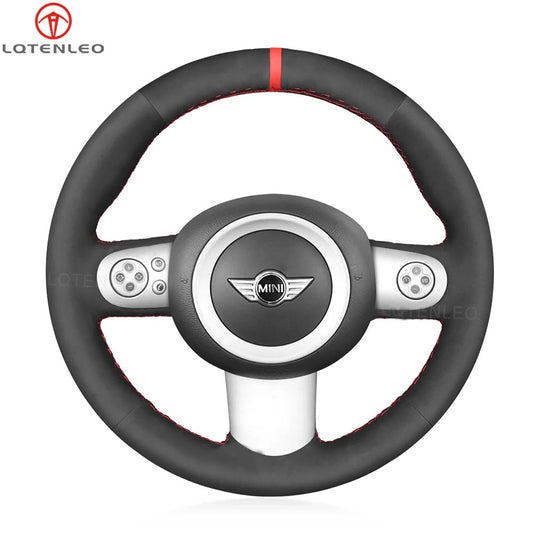 LQTENLEO Black Leather Suede Hand-stitched Car Steering Wheel Cover for Mini (Hatchback/Mini R50/R52/R53) 2001-2006 / Convertible 2004-2008