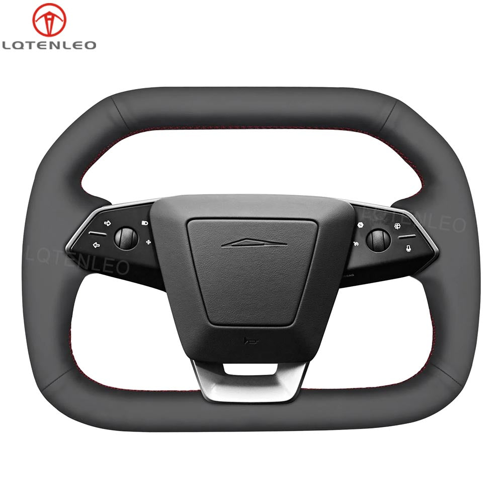 LQTENLEO Black Genuine Leather Hand-stitched Car Steering Wheel Cove for Tesla Cybertruck 2023-2024