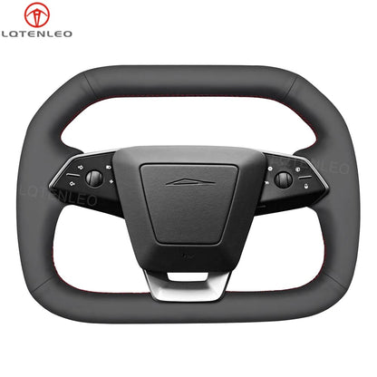 LQTENLEO Black Genuine Leather Hand-stitched Car Steering Wheel Cove for Tesla Cybertruck 2023-2024