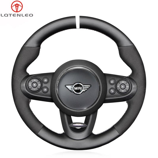 LQTENLEO Black Leather Suede Hand-stitched Car Steering Wheel Cover for Mini (Hatchback/Mini) JCW Clubman JCW Convertible JCW Countryman JCW