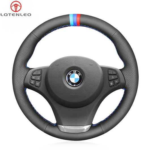 LQTENLEO Black Genuine Leather Suede Hand-stitched Car Steering Wheel Cover for for BMW X3 E83 2007-2010 / X5 E53 2000-2006