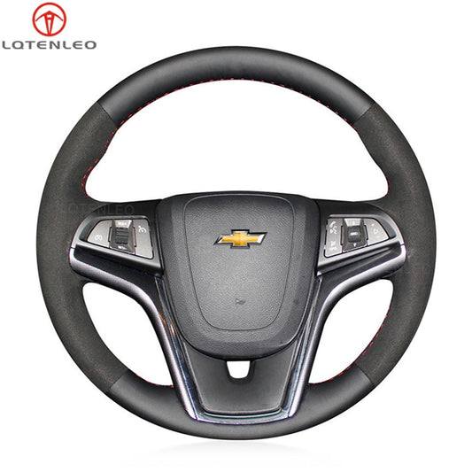 LQTENELO Black Genuine Leather Suede Hand-stitched Car Steering Wheel Cover for Chevrolet Malibu / Volt