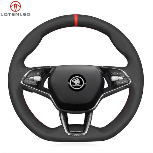LQTENLEO Black Suede Red Marker Hand-stitched Car Steering Wheel Cover for Skoda Octavia VRS RS /Fabia
