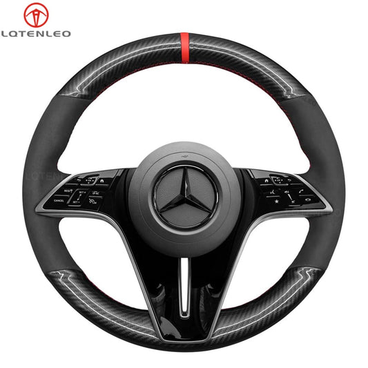 LQTENLEO Black Leather Suede Hand-stitched Car Steering Wheel Cover for Mercedes-Benz CLS-Class (C257)/ CLS-Class AMG-Line/ E-Class (W213)/ EQS (V297)