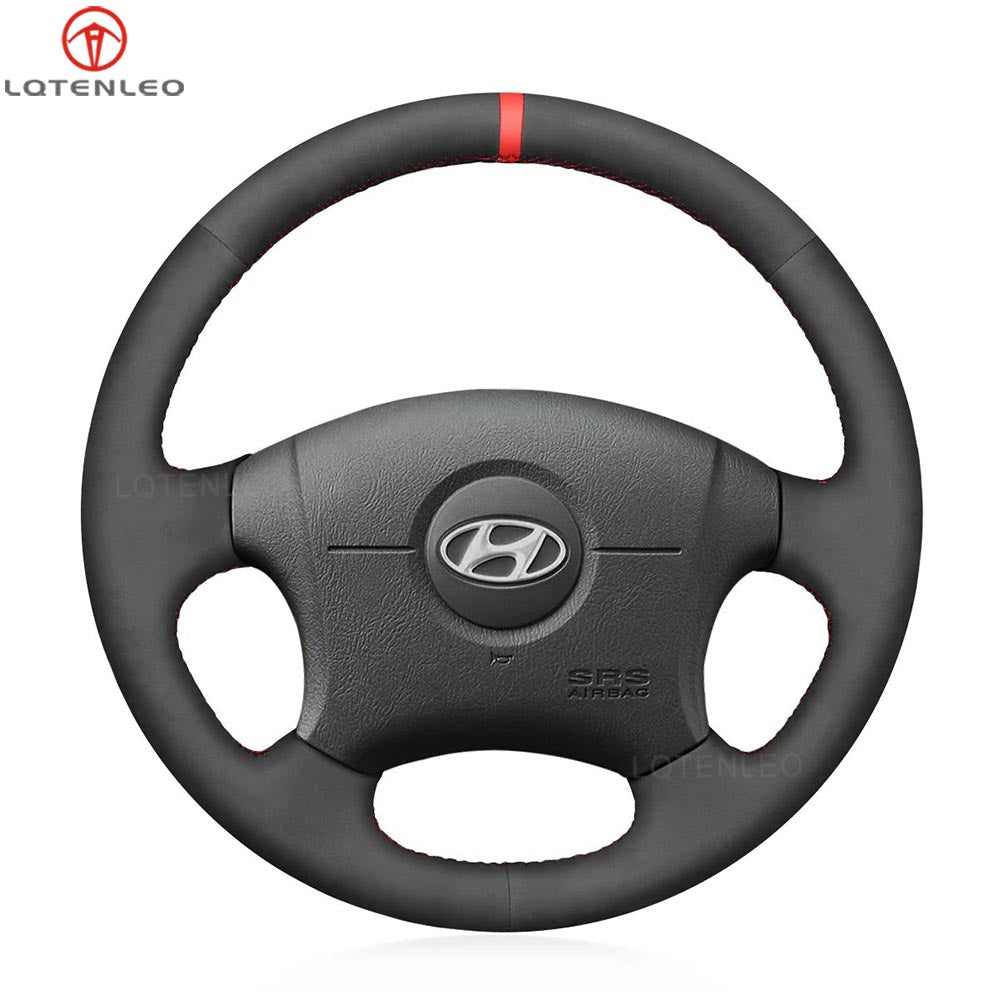 LQTENLEO Black Leather Suede DIY Hand-stitched Car Steering Wheel Cover for Hyundai Elantra 2001-2008