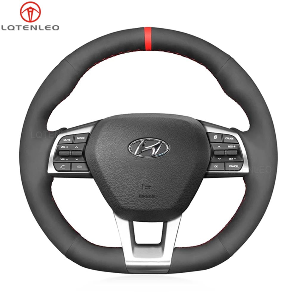 LQTENLEO Black Leather Suede Hand-stitched No-slip Soft Car Steering Wheel Cover Braid for Hyundai Sonata (3-Spoke D Shape) 2015-2019