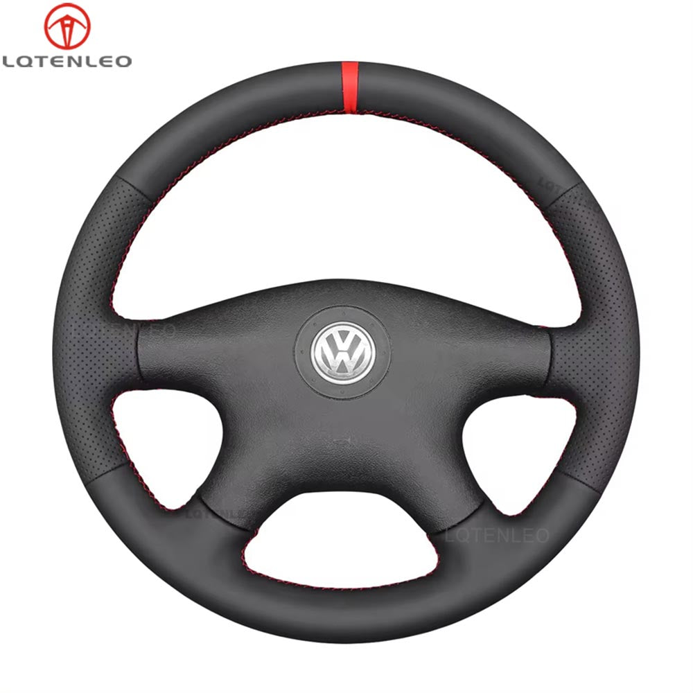 LQTENLEO Black Genuine Leather Hand-stitched Car Steering Wheel Cove for VW Santana 2000-2012