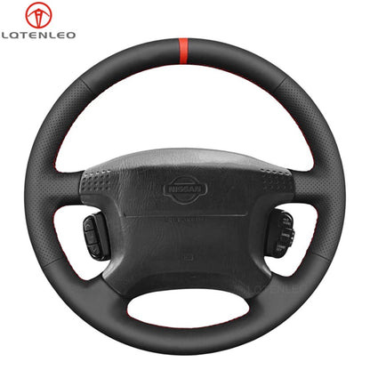 LQTENLEO Black Genuine Leather Hand-stitched Car Steering Wheel Cover for Nissan Patrol /Patrol GR V y61 Wagon