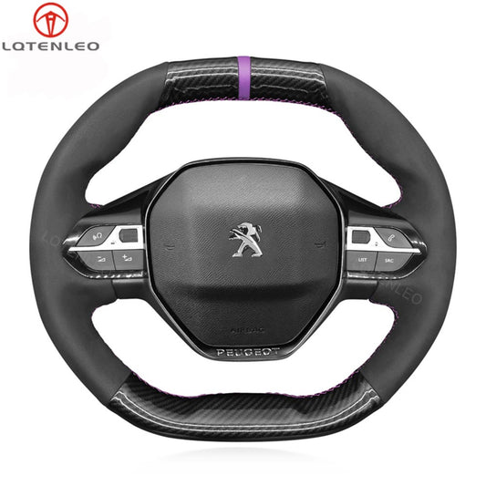 LQTENLEO Carbon Fiber Leather Suede Hand-stitched Car Steering Wheel Cover for Peugeot 208 308 (SW) 2008 3008 508 508 SW 5008 Partner Rifter