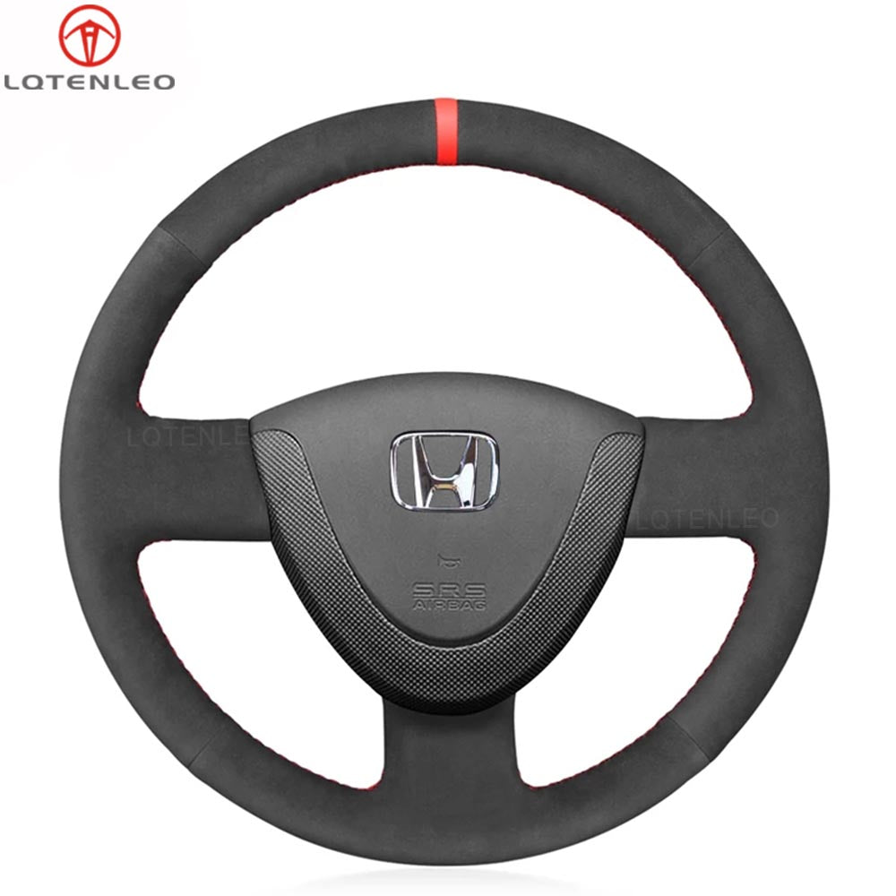 LQTENLEO Black Leather Suede Hand-stitched Car Steering Wheel Cover Braid for Honda Civic 2002-2005 Jazz Fit City 2001-2007