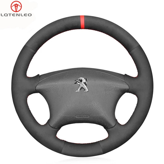 LQTENLEO Black Leather Suede Hand-stitched Car Steering Wheel Cover for Citroen Xsara Picasso Berlingo 2001-2010 C5 2001-2006 Peugeot Partner 2003-2008