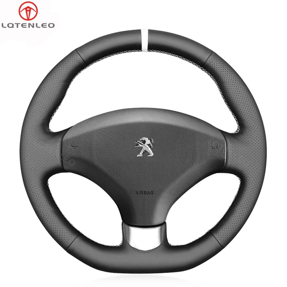 LQTENLEO Black Genuine Leather Suede Hand-stitched Car Steering Wheel Cover for Peugeot 308 308 CC 308 SW RCZ 3008 5008