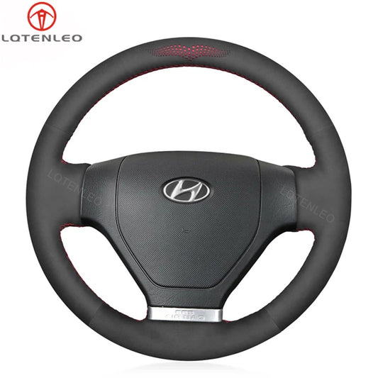 LQTENLEO Black Leather Suede Hand-stitched Car Steering Wheel Cover for Hyundai Coupe 2002-2007 / Tiburon 2003-2006