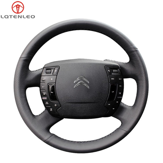 LQTENLEO Black Leather Suede Hand-stitched Car Steering Wheel Cover for Citroen C5 2008-2016