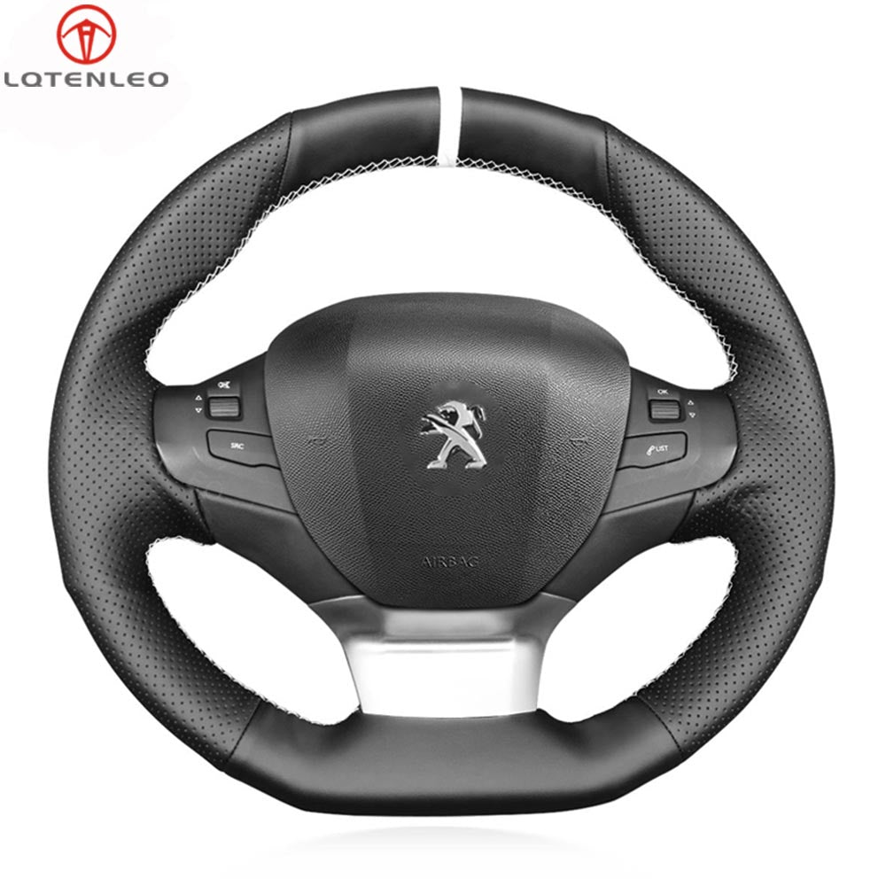 LQTENLEO Black Genuine Leather Suede Hand-stitched Car Steering Wheel Cover for Peugeot 308 2013-2021 / 308 SW 2014-2021