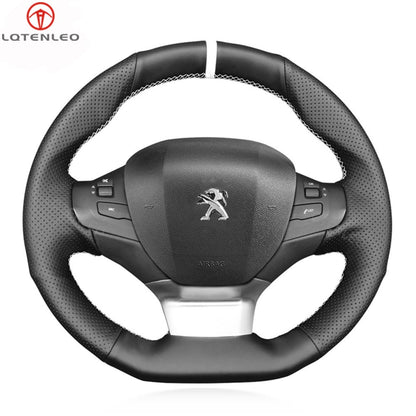 LQTENLEO Black Genuine Leather Suede Hand-stitched Car Steering Wheel Cover for Peugeot 308 2013-2021 / 308 SW 2014-2021