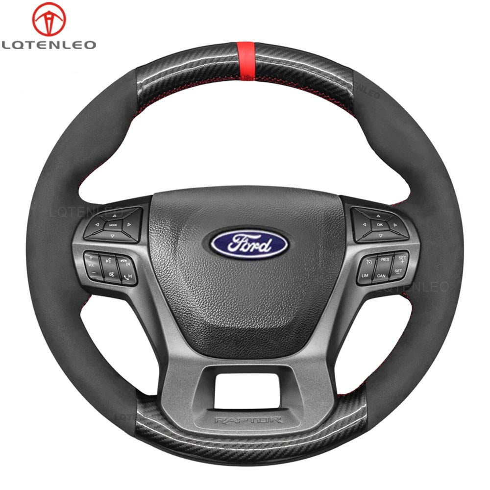 LQTENLEO Black Genuine Leather Suede Hand-stitched Car Steering Wheel Cove for Ford Ranger Raptor 2019-2023