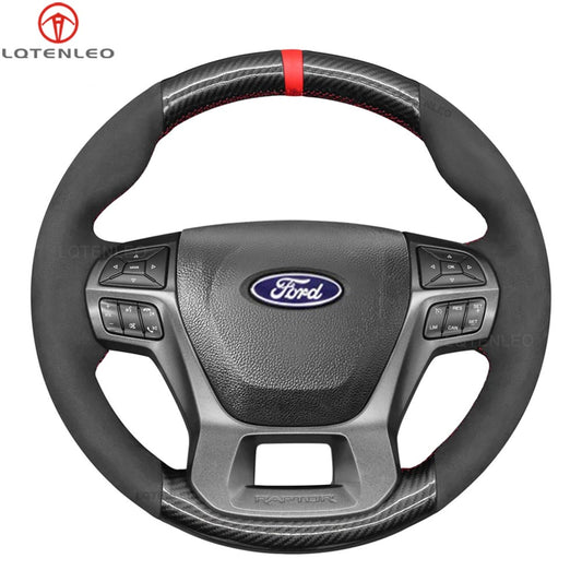 LQTENLEO Black Genuine Leather Suede Hand-stitched Car Steering Wheel Cove for Ford Ranger Raptor 2019-2023