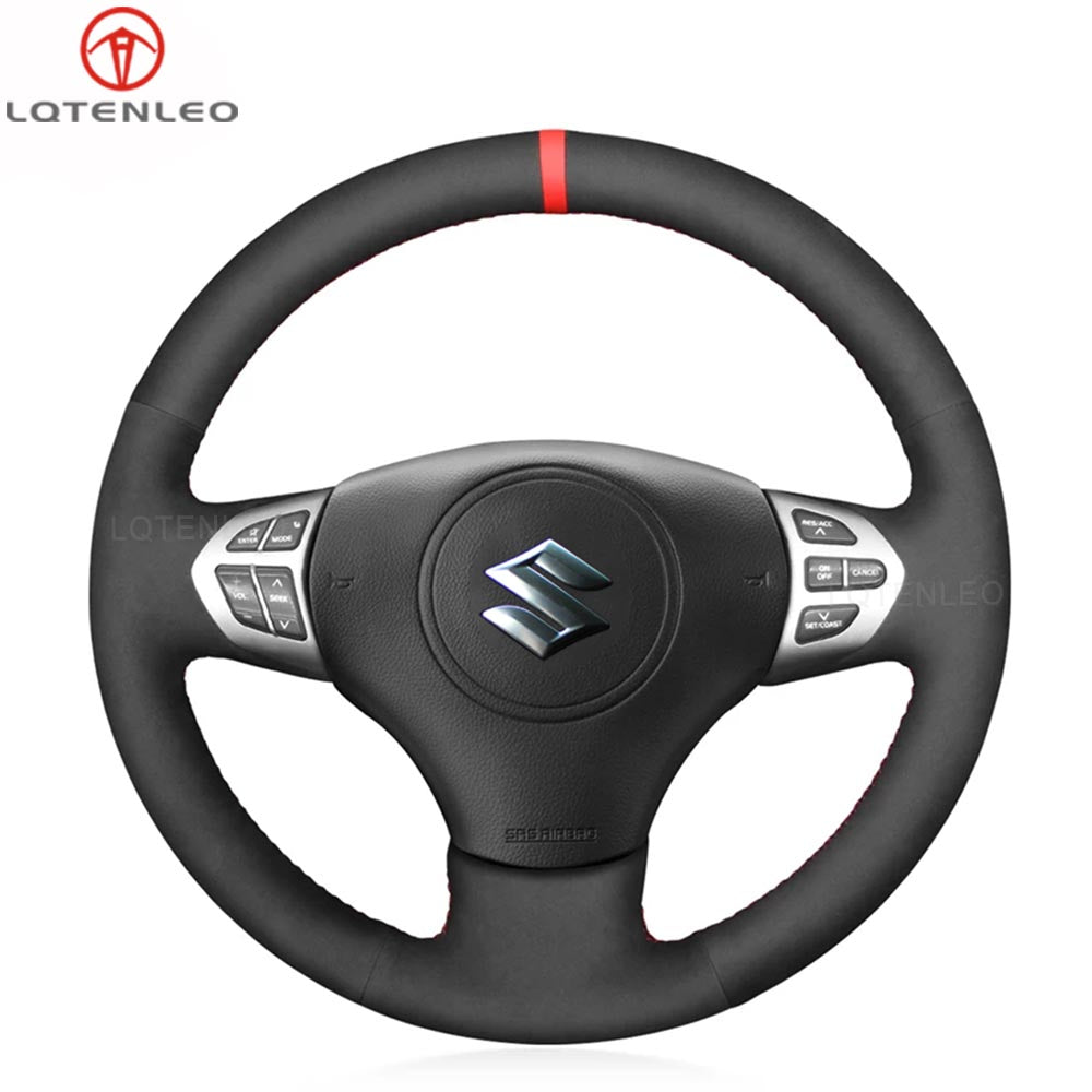 LQTENLEO Black Genuine Leather Suede Hand-stitched Car Steering Wheel Cove for Suzuki Grand Vitara