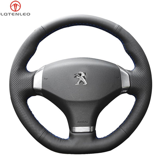 LQTENLEO Black Genuine Leather Suede Hand-stitched Car Steering Wheel Cover for Peugeot 408 2013