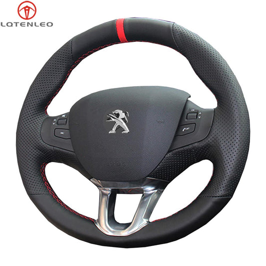 LQTENLEO Black Leather Hand-stitched Comfortable No-slip Car Steering Wheel Cover for Peugeot 208 2011-2019 2008 2013-2019 308S 2015