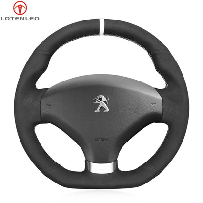 LQTENLEO Black Suede Hand-stitched Car Steering Wheel Cover for Peugeot RCZ 2010-2015