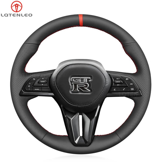 LQTENLEO Black Genuine Leather Suede Hand-stitched Car Steering Wheel Cover for Nissan GT-R GTR 2017-2024