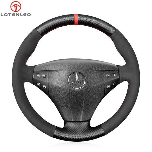 LQTENLEO Carbon Fiber Leather Suede Hand-stitched Car Steering Wheel Cover for Mercedes-Benz C-Class W203 Kompressor 2001-2004