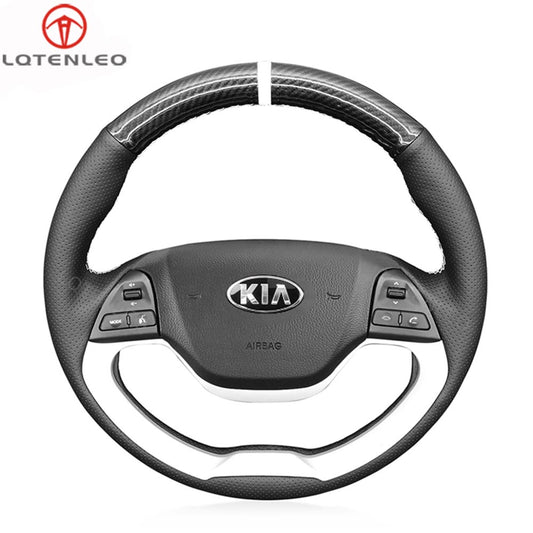 LQTENLEO Carbon Fiber Leather Suede Hand-stitched Car Steering Wheel Cover for Kia Picanto 2 2011-2017