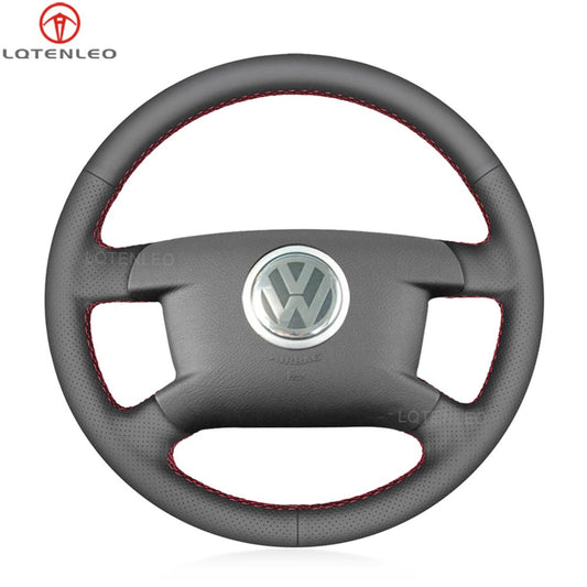 LQTENLEO Black Genuine Leather Hand-stitched Car Steering Wheel Cover for Volkswagen VW Caddy 2003-2006 / Caravelle 2003-2009 / T5 2003-2008