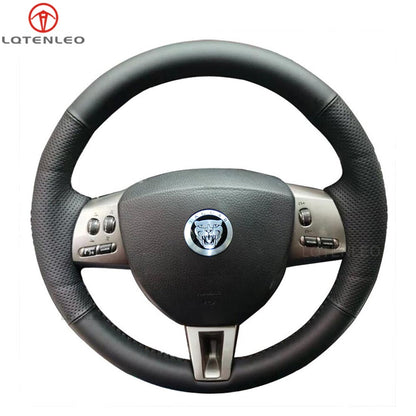 LQTENLEO Black Leather Suede Hand-stitched Car Steering Wheel Cover for Jaguar XF XF S XF Sportbrake
