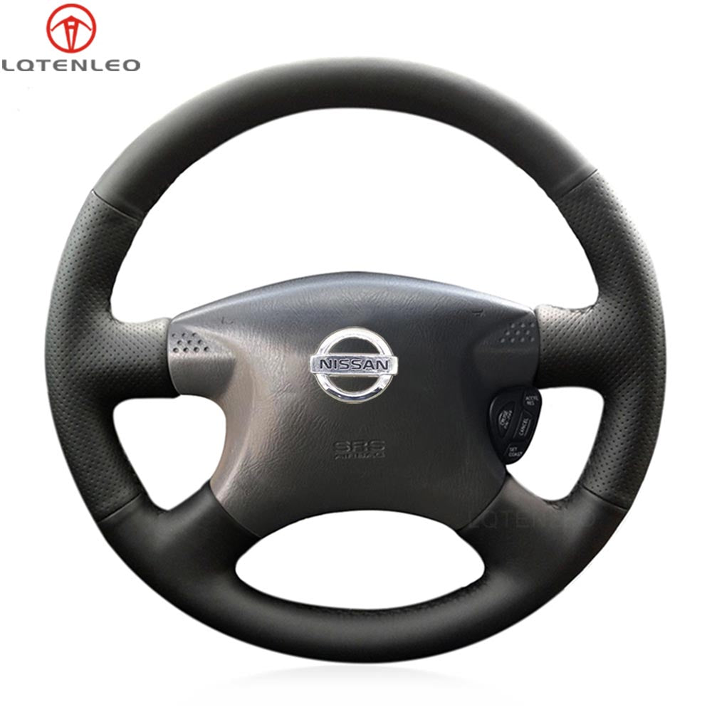 LQTENLEO Black Leather Hand-stitched Car Steering Wheel Cover for Nissan Bluebird Sylphy Caravan Expert Pickup AD Serena Sunny Pulsar 1998-2003