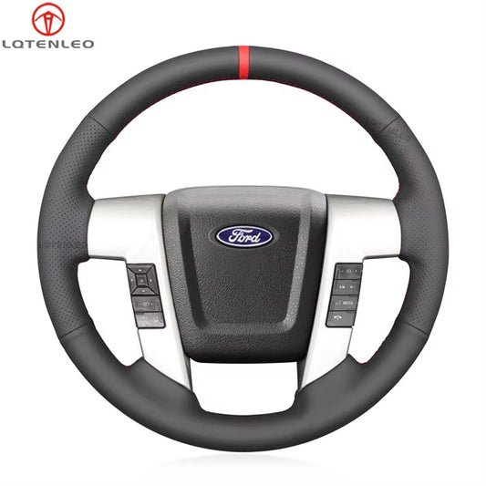LQTENLEO Black Leather Suede Hand-stitched No-slip Car Steering Wheel Cover for Ford F-150 2009-2014