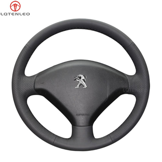 LQTENLEO Black Leather Suede Hand-stitched No-slip Car Steering Wheel Cover for Peugeot 307 / 307 SW