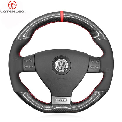 LQTENLEO Carbon Fiber Leather Suede Hand-stitched Car Steering Wheel Cover for Golf GTI 5 (V) / Golf R32 Scirocco / Passat Variant (R-Line) / Tiguan (R-Line)