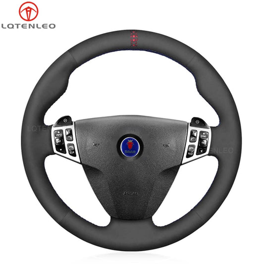 LQTENLEO Black Leather Suede Hand-stitched Car Steering Wheel Cover for Saab 9-3 2006-2011/ 9-5 2006-2009