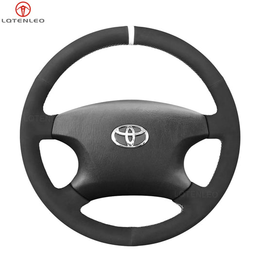 LQTENLEO Black Leather Suede White Marker Hand-stitched Car Steering Wheel Cover for Toyota Corolla Camry Hilux Avensis Verso