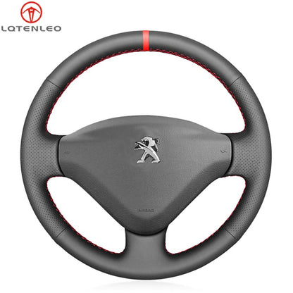 LQTENLEO Black Genuine Leather Suede Hand-stitched Car Steering Wheel Cover for Peugeot 207 Expert Partner