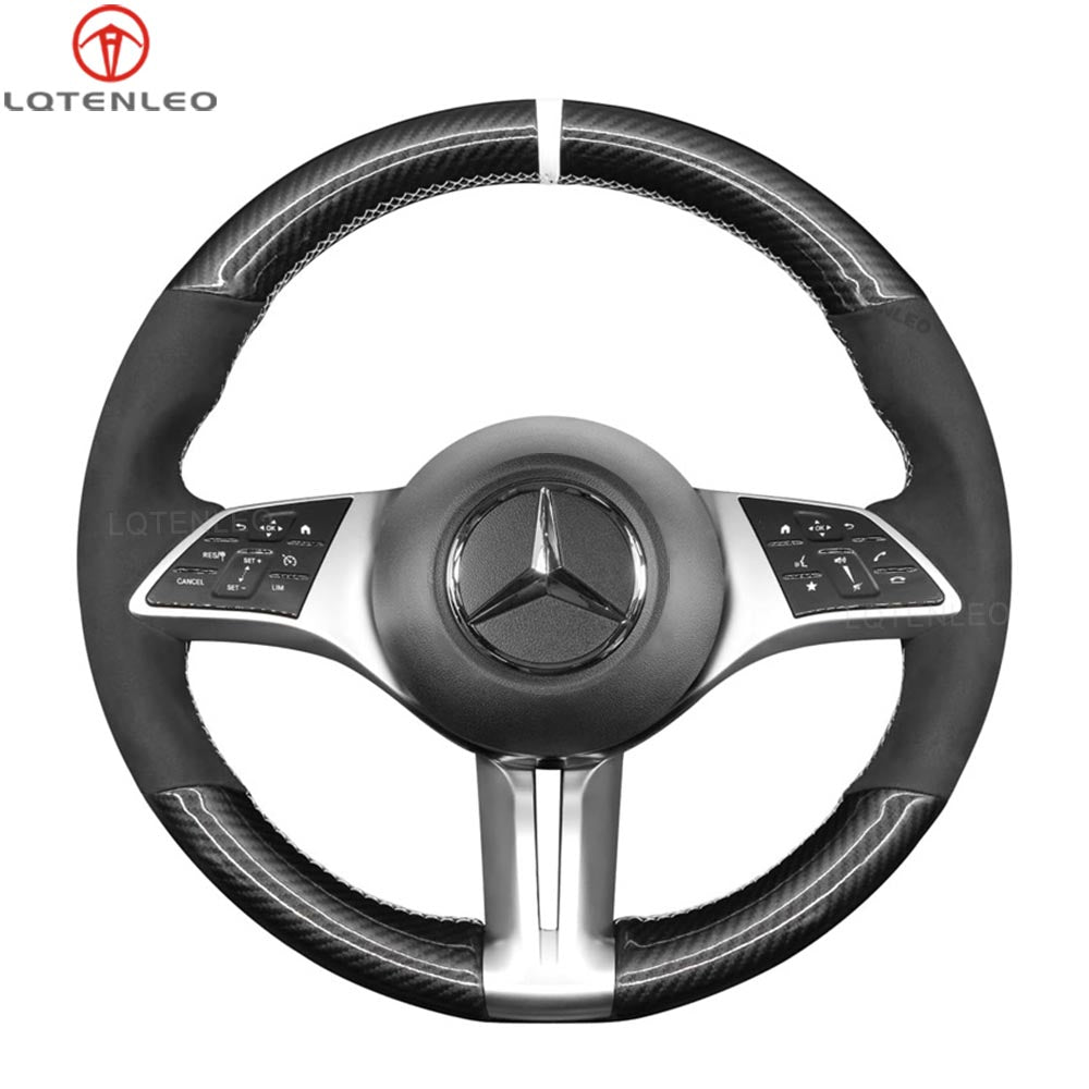 LQTENLEO Carbon Fiber Leather Suede Hand-stitched Car Steering Wheel Cover for Mercedes-Benz C-Class (W206)/ EQE (V295)/ B-Class (W247)/ GLC-Class (X254)