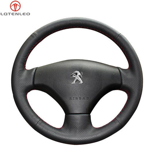 LQTENLEO Black Genuine Leather Suede Hand-stitched Car Steering Wheel Cover for Peugeot 206 /Peugeot 207/Citroen C2