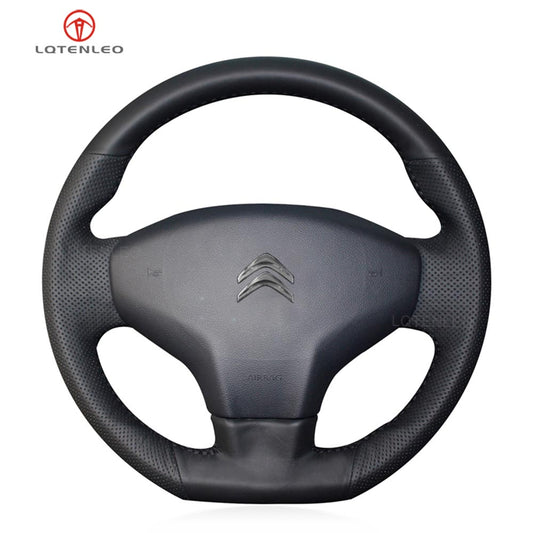 LQTENLEO Black Genuine Leather Hand-stitched Car Steering Wheel Cover for Citroen C3 Picasso C-Elysee 2009-2019 Peugeot 301 2013-2019 208 2012