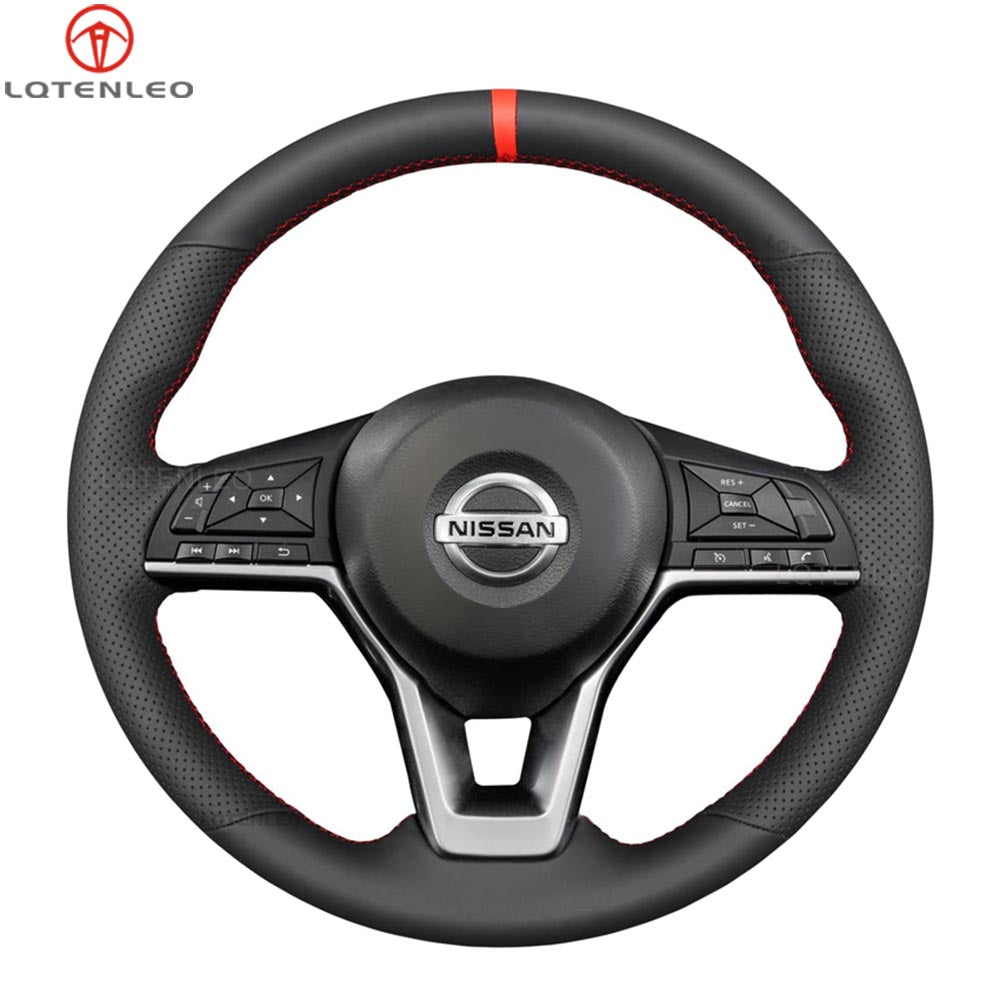 LQTENLEO Black Genuine Leather Hand-stitched Car Steering Wheel Cove for Nissan Navara 2021-2024